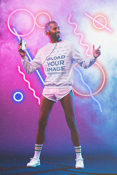 Sweatshirt Mockup of a Man in an 80s Outfit Listening to Music m11196