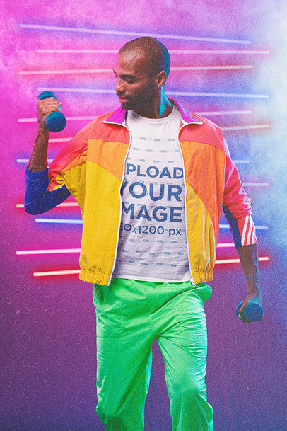 T-Shirt Mockup of a Man with 80's Activewear Doing Bicep Curls