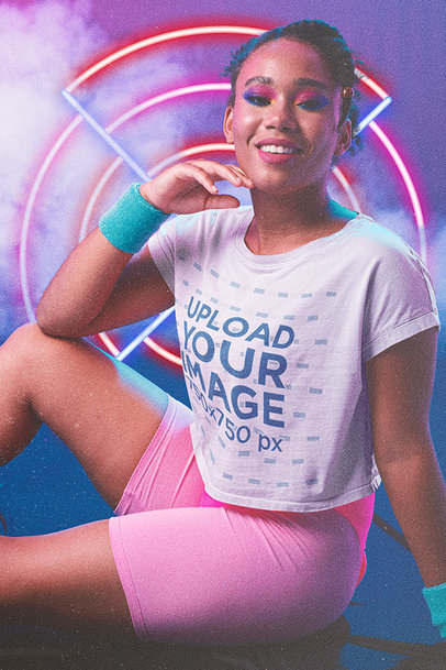 T-Shirt Mockup of a Woman in 80's Activewear
