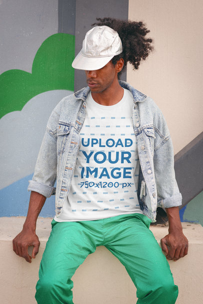 T-Shirt Mockup Featuring a Serious Man Wearing 80s Style Garments 