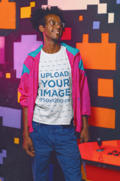 T-Shirt Mockup of a Happy Man in an 80s-Styled Outfit 
