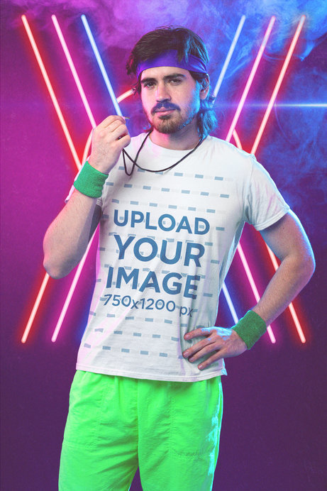 T-Shirt Mockup of a Man Dressed as a Coach From the 80's
