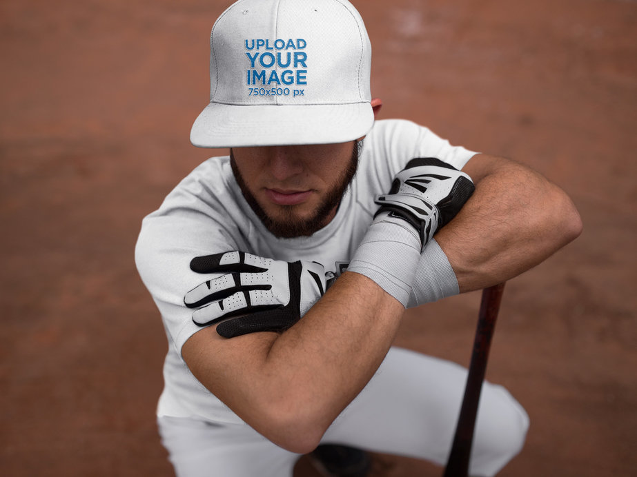 Batter Squatting While Wearing a Baseball Hat Mockup