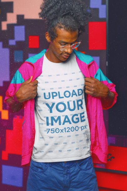 T-Shirt Mockup of a Serious Man Wearing 80s Style Garments 