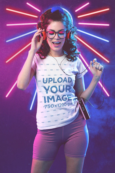 T-Shirt Mockup of a Woman Listening to Music on a Cassette Player