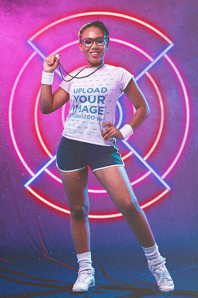 T-Shirt Mockup of a Woman Wearing a Coach Attire From the 80s's
