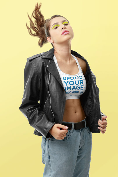 Sports Bra Mockup Featuring a Rockstar with Colorful Makeup m10751