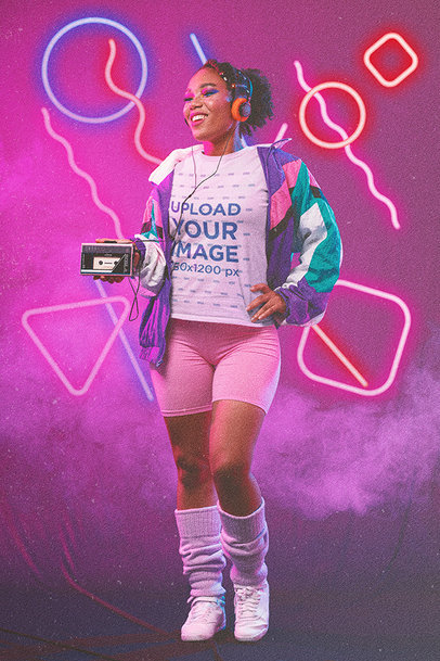 80s-Themed T-Shirt Mockup of a Woman Listening to Music on a Cassette Player