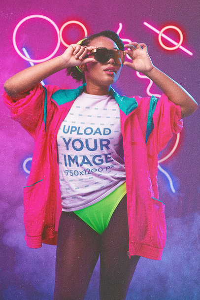 T-Shirt Mockup of a Woman Wearing an 80s-Inspired Outfit