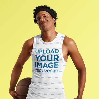 Tank Top Mockup Featuring a Smiling Basketball Player Man With a Ball