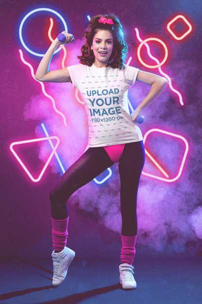 T-Shirt Mockup of a Woman Doing an 80s-Inspired Workout