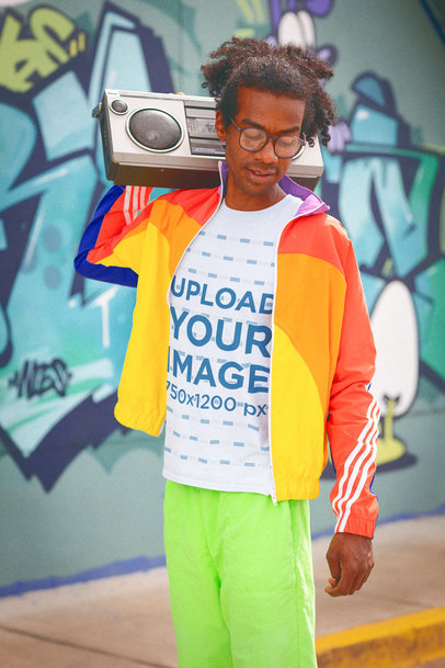 T-Shirt Mockup Featuring a Curly-Haired Man With a Boombox 
