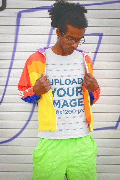 T-Shirt Mockup of a Man Wearing Bright Retro Clothes
