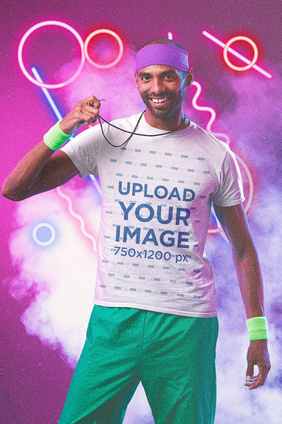 T-Shirt Mockup of a Man with an 80's Athletic Outfit