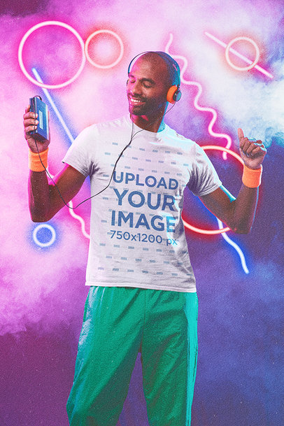 Retro-Themed T-Shirt Mockup of a Man Enjoying Some Music with His Cassette Player