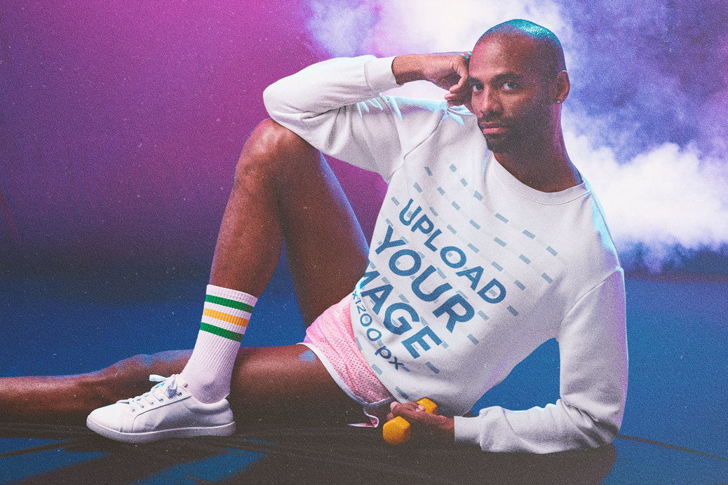 Sweatshirt Mockup Featuring a Man Wearing 80's-Styled Activewear