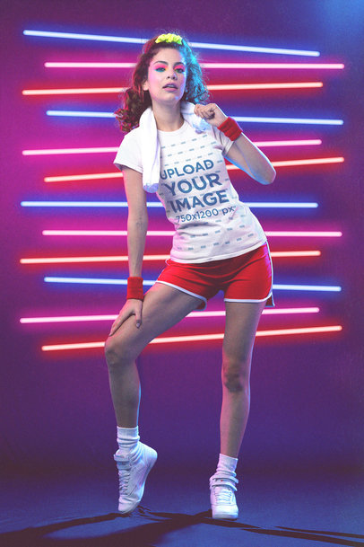 T-Shirt Mockup of a Woman Wearing an 80's Styled Outfit