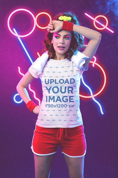 T-Shirt Mockup of a Woman Working Out in a Retro Setting
