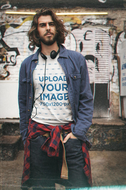 T-Shirt Mockup of a Bearded Man in an Urban Setting m12534