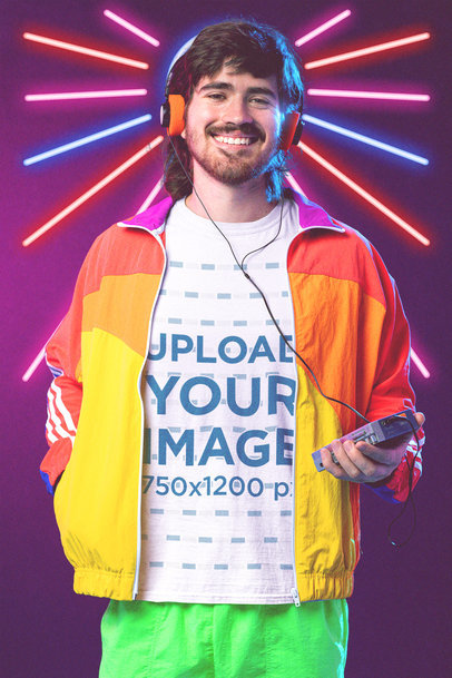 T-Shirt Mockup of a Man Using a Cassette Player in the '80s