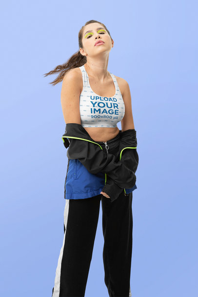 Sports Bra Mockup Featuring a Woman with Neon Makeup 
