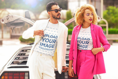 T-Shirt Mockup of a Man and a Woman with a Retro Vibe Inspired by Miami Vice