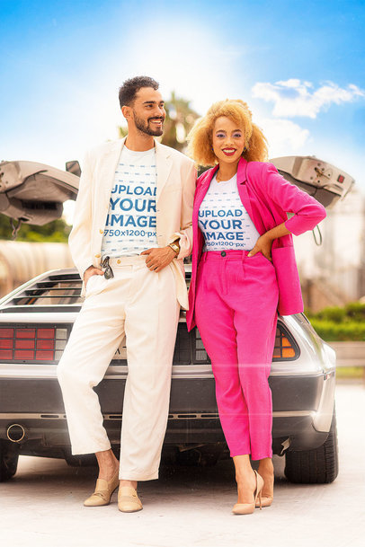 T-Shirt Mockup of a Cool Couple Posing by a Car in the '80s