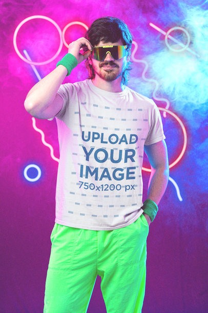 T-Shirt Mockup of a Man Wearing an '80s-Styled Athleisure Outfit