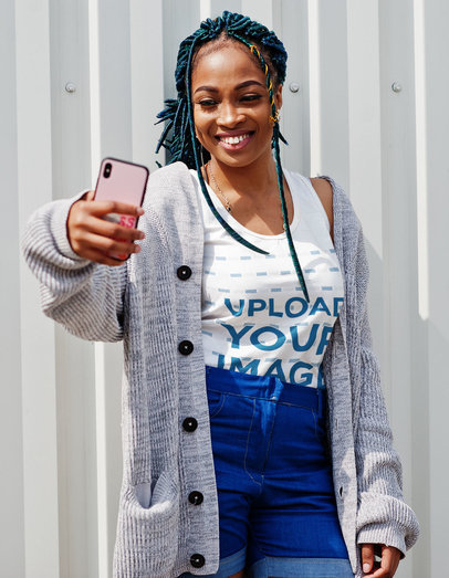 Tank Top Mockup Featuring a Woman with Braided Hair Taking a Selfie m7237-r-el2