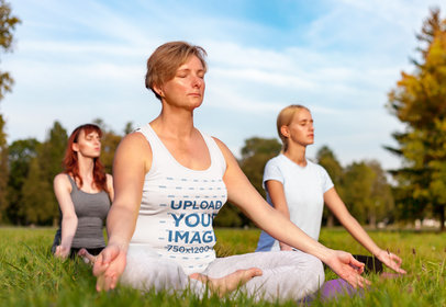 Tank Top Mockup Featuring a Woman Doing Yoga in the Park