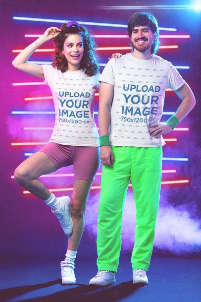 T-Shirt Mockup of a Couple Wearing '80s Styled Activewear