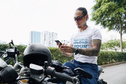 T-Shirt Mockup of a Tattooed Man Riding a Motorcycle m11572-r-el2