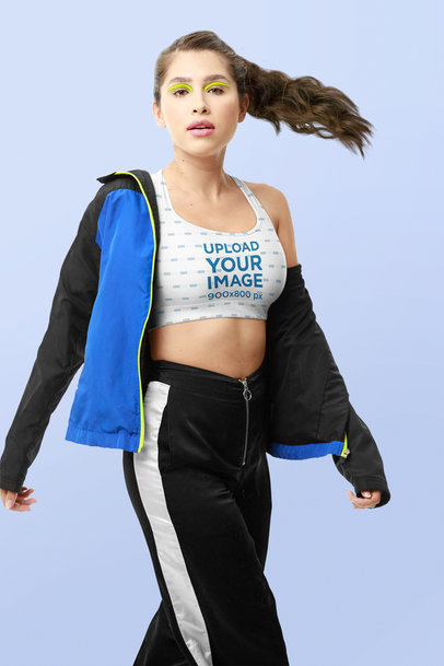Sports Bra Mockup of a Woman With an Athleisure Outfit and Neon-Colored Makeup