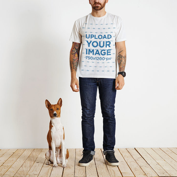 Round-Neck Tee Mockup of a Bearded Man Standing Next to His Dog