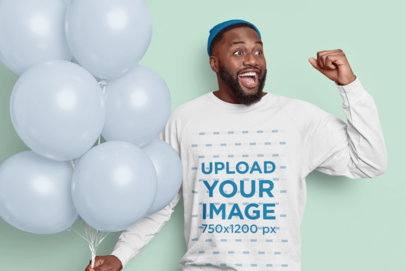 Long Sleeve Tee Mockup of a Joyful Man Holding a Bunch of Balloons