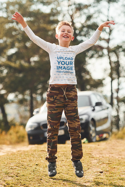 Long Sleeve Tee Mockup of a Happy Boy Jumping Around