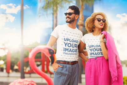 T-Shirt Mockup Featuring a Man and a Woman in a Miami-Inspired Setting