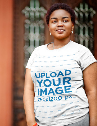 Round-Neck Tee Mockup Featuring a Confident Woman with Short Hair