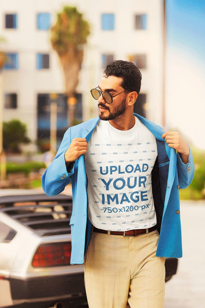 T-Shirt Mockup of a Man with an 80's Miami Vice-Inspired Outfit