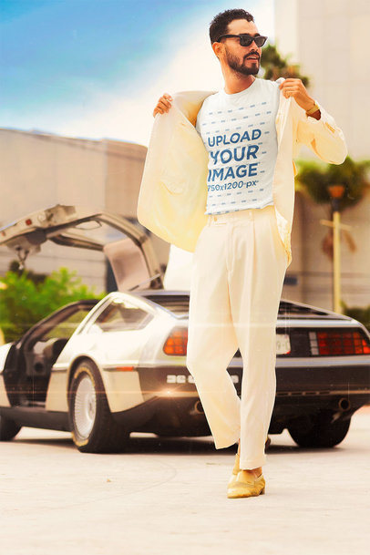 T-Shirt Mockup Featuring a Stylish Bearded Man in an 80s Outfit 