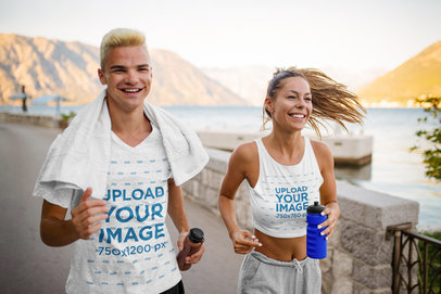 T-Shirt and Tank Top Mockup of Two Friends Jogging by a Lake