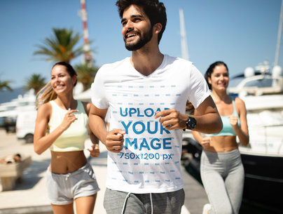 V-Neck Tee Mockup of a Young Man Jogging with Friends