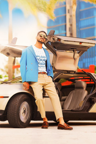 T-Shirt Mockup Featuring a Bearded Man With Sunglasses by a Retro Car 