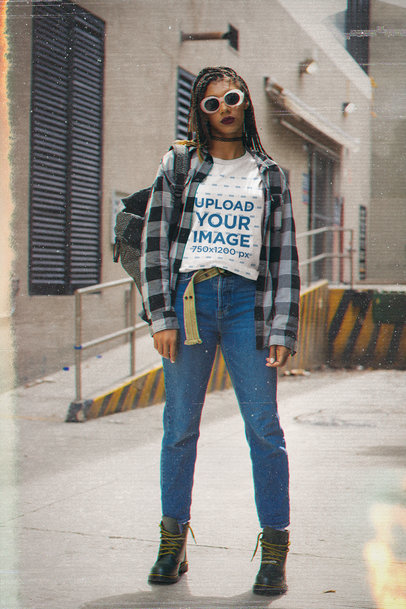 T-Shirt Mockup of a Woman with Sunglasses Wearing a Grunge-Inspired Outfit