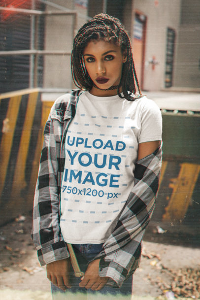T-Shirt Mockup of a Woman with Dark Makeup in a Grunge-Style Outfit