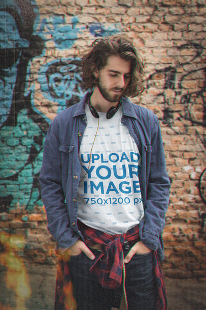 T-Shirt Mockup of a Man with Vintage Headphones in a Grunge-Style Outfit M12535