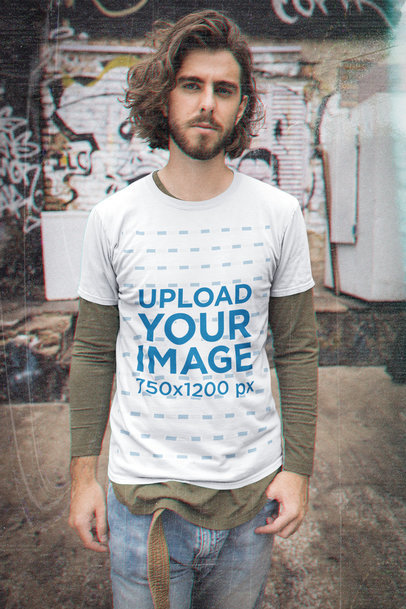 T-Shirt Mockup Featuring a Long-Haired Man in a Grunge-Inspired Outfit M12530