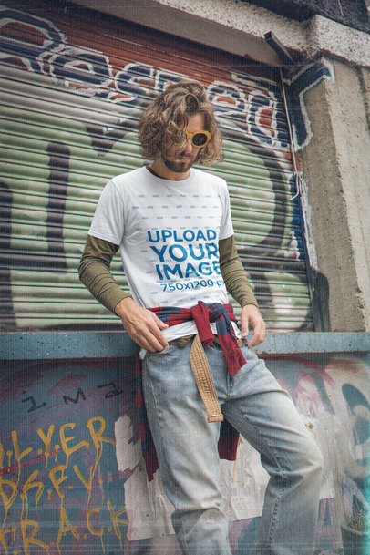 T-Shirt Mockup of a Long-Haired Man with Retro Glasses in a Grunge Outfit M12531