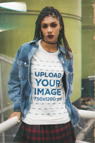 90s-Styled Mockup of a Woman Wearing a Customizable T-Shirt 