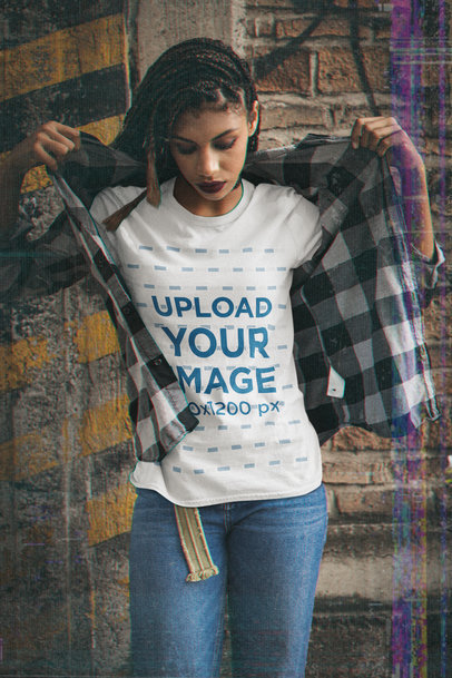 Retro-Themed T-Shirt Mockup of a Woman Fixing Her Flannel Shirt M12528
